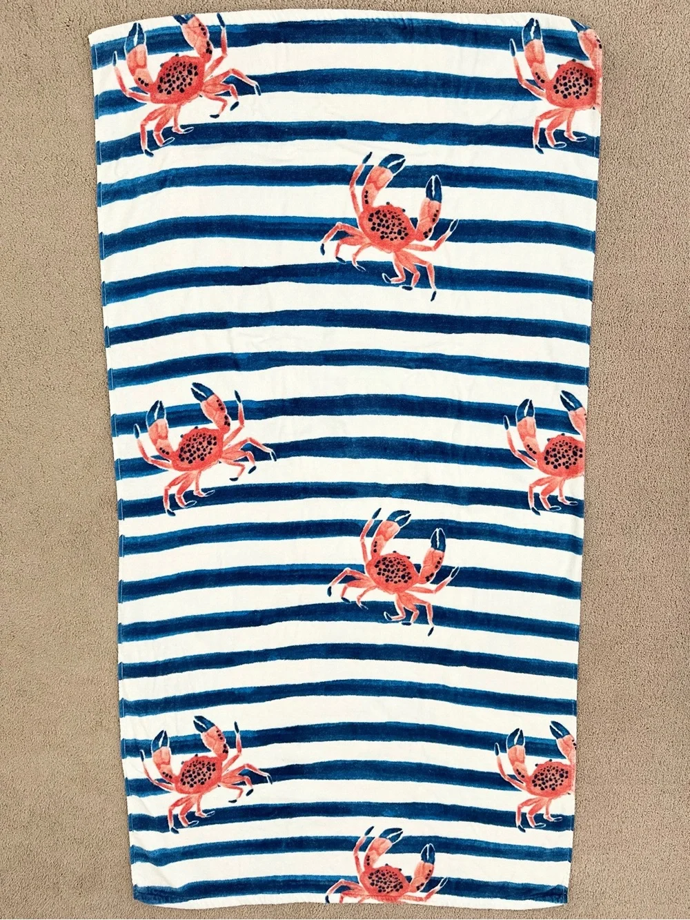 Sun Squad Blue & White Striped Beach Towel with Red Crab Print- Coastal/Nautical